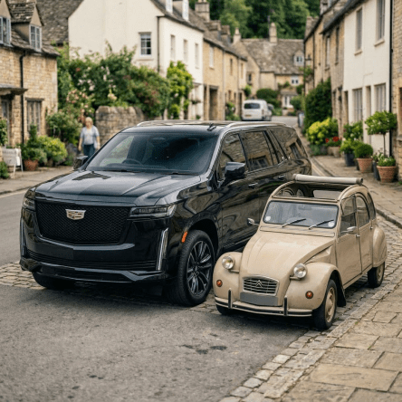 Black Cadillac SUV and beige vintage Citroën 2CV parked side by side on a cobblestone street