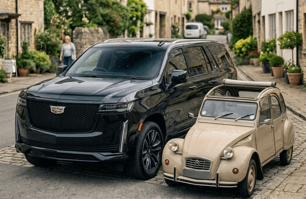 Black Cadillac SUV and beige vintage Citroën 2CV parked side by side on a cobblestone street
